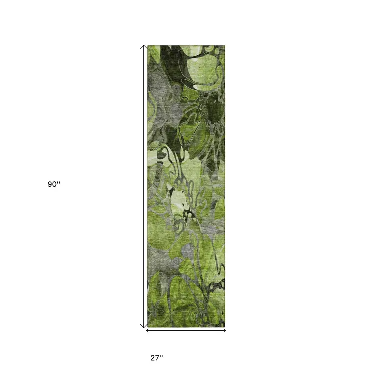 8' Runner Fern Green and Gray Floral Washable Non Skid Indoor Outdoor Runner Rug