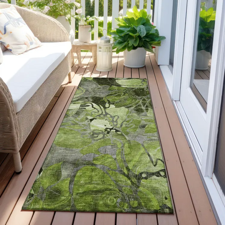 8' Runner Fern Green and Gray Floral Washable Non Skid Indoor Outdoor Runner Rug