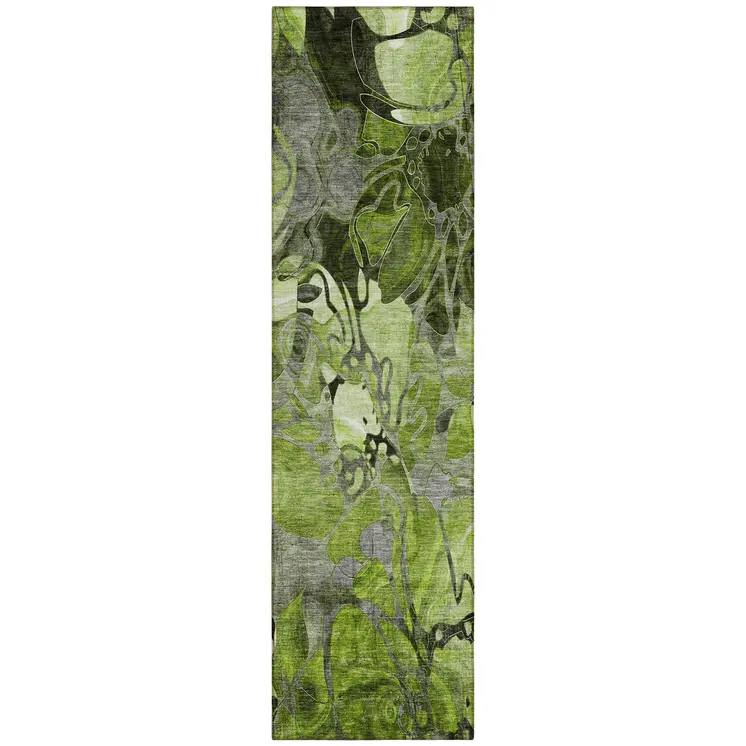 8' Runner Fern Green and Gray Floral Washable Non Skid Indoor Outdoor Runner Rug