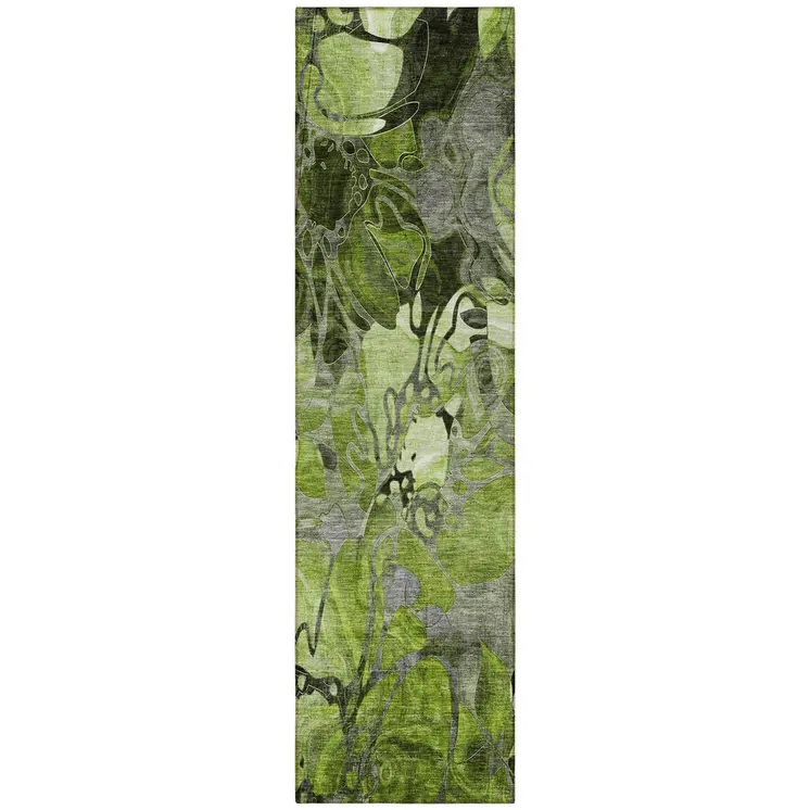 8' Runner Fern Green and Gray Floral Washable Non Skid Indoor Outdoor Runner Rug