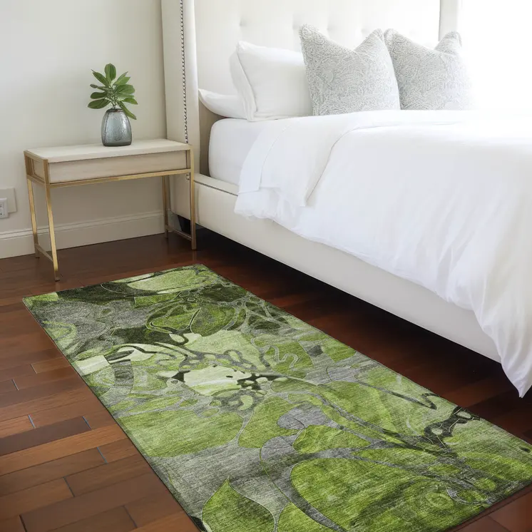 8' Runner Fern Green and Gray Floral Washable Non Skid Indoor Outdoor Runner Rug