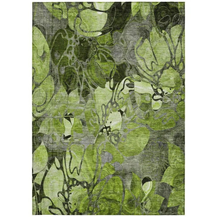 3' X 5' Fern Green and Gray Abstract Washable Indoor Outdoor Area Rug