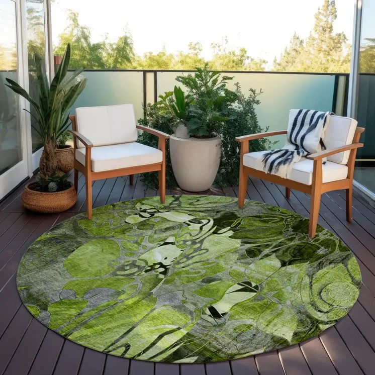8' X 8' Fern Green and Gray Round Abstract Washable Indoor Outdoor Area Rug