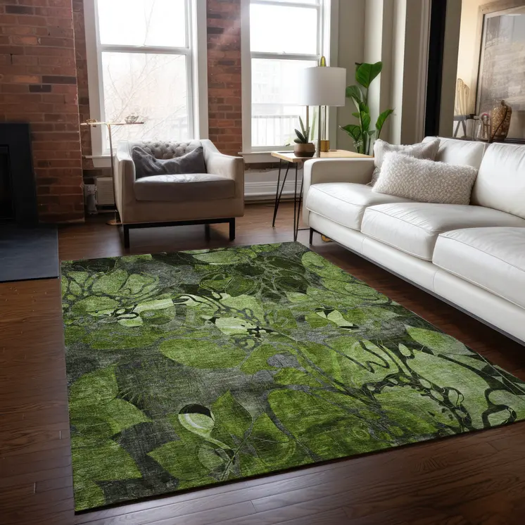 8' X 10' Fern Green and Gray Abstract Washable Indoor Outdoor Area Rug