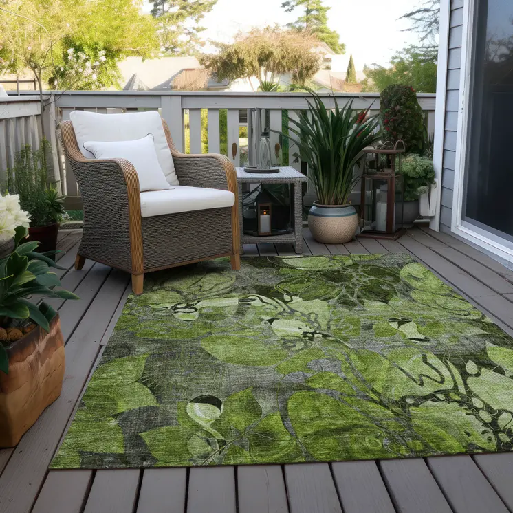 8' X 10' Fern Green and Gray Abstract Washable Indoor Outdoor Area Rug