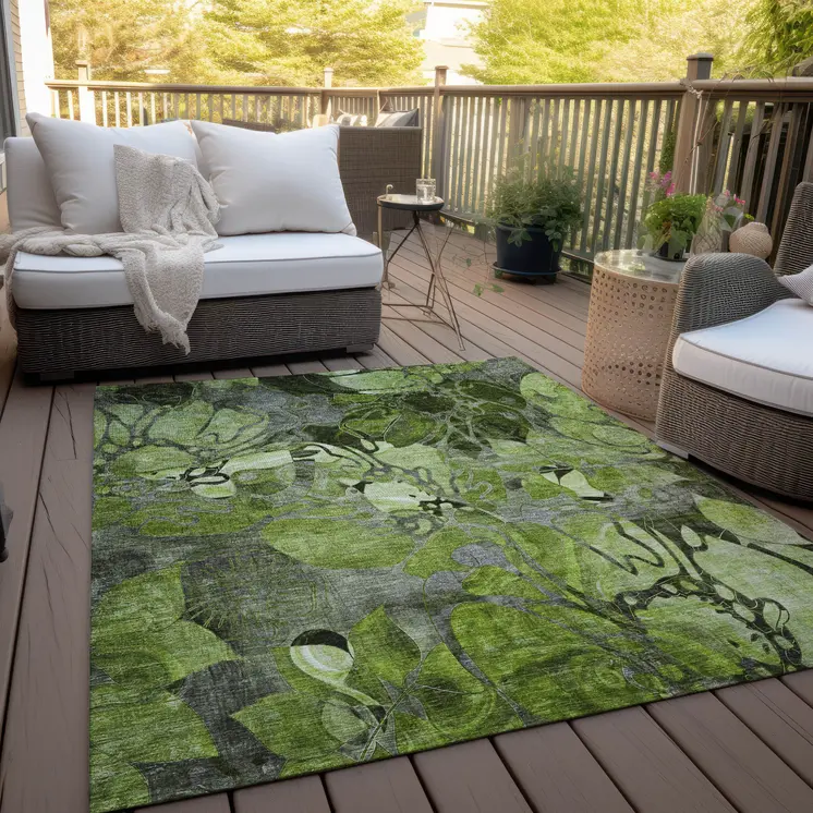 9' X 12' Fern Green And Gray Abstract Washable Indoor Outdoor Area Rug