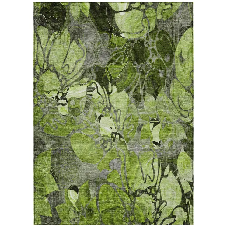 9' X 12' Fern Green And Gray Abstract Washable Indoor Outdoor Area Rug