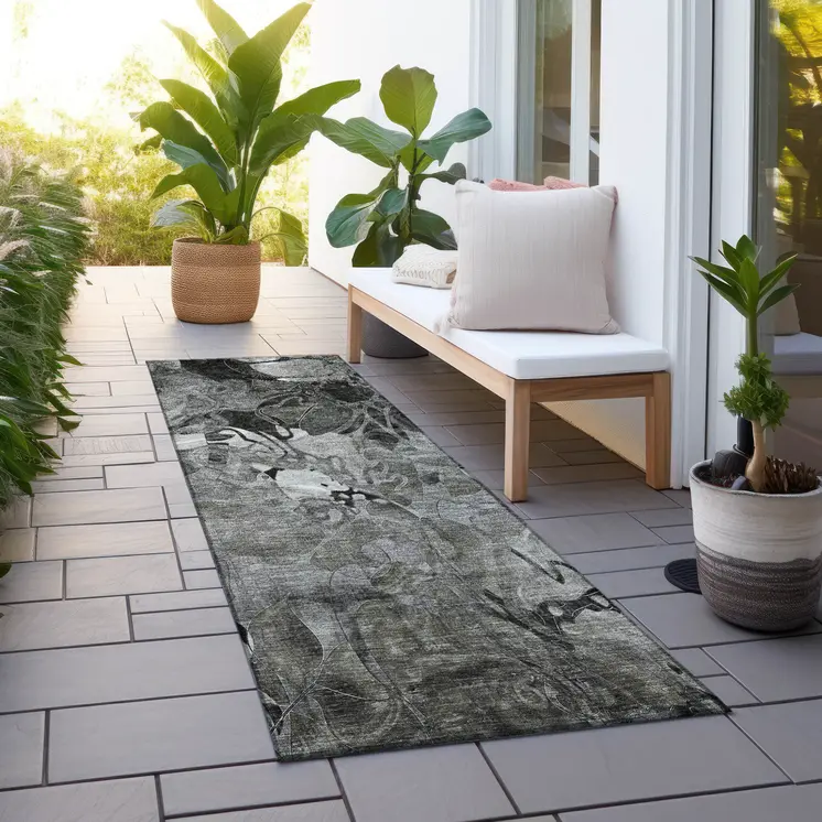 2' X 8' Gray Abstract Washable Indoor Outdoor Runner Rug