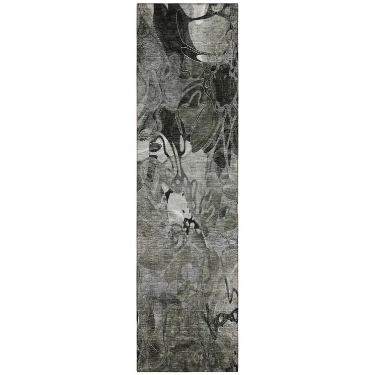 2' X 8' Gray Abstract Washable Indoor Outdoor Runner Rug