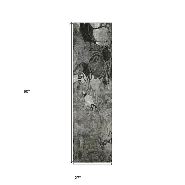 2' X 8' Gray Abstract Washable Indoor Outdoor Runner Rug