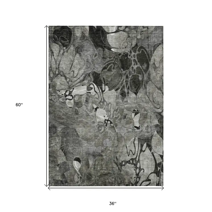 3' X 5' Gray Abstract Washable Indoor Outdoor Area Rug