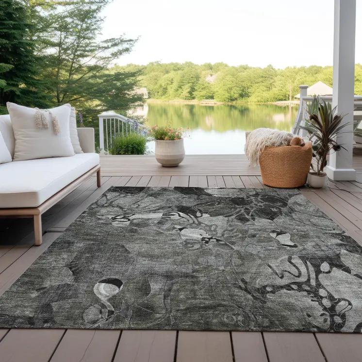 3' X 5' Gray Abstract Washable Indoor Outdoor Area Rug