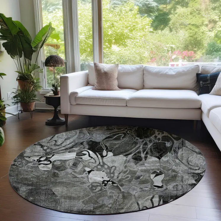 8' X 8' Gray Round Abstract Washable Indoor Outdoor Area Rug