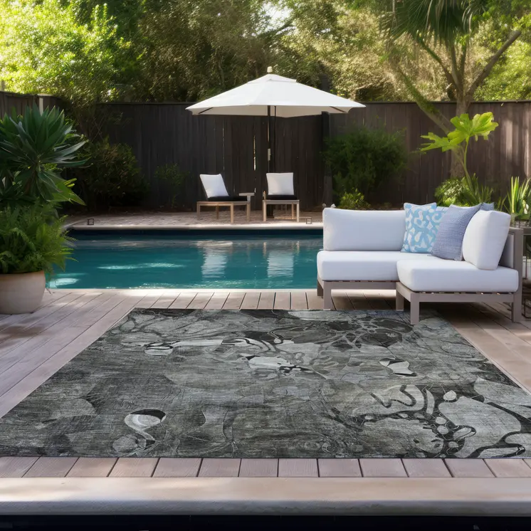 8' X 10' Gray Abstract Washable Indoor Outdoor Area Rug