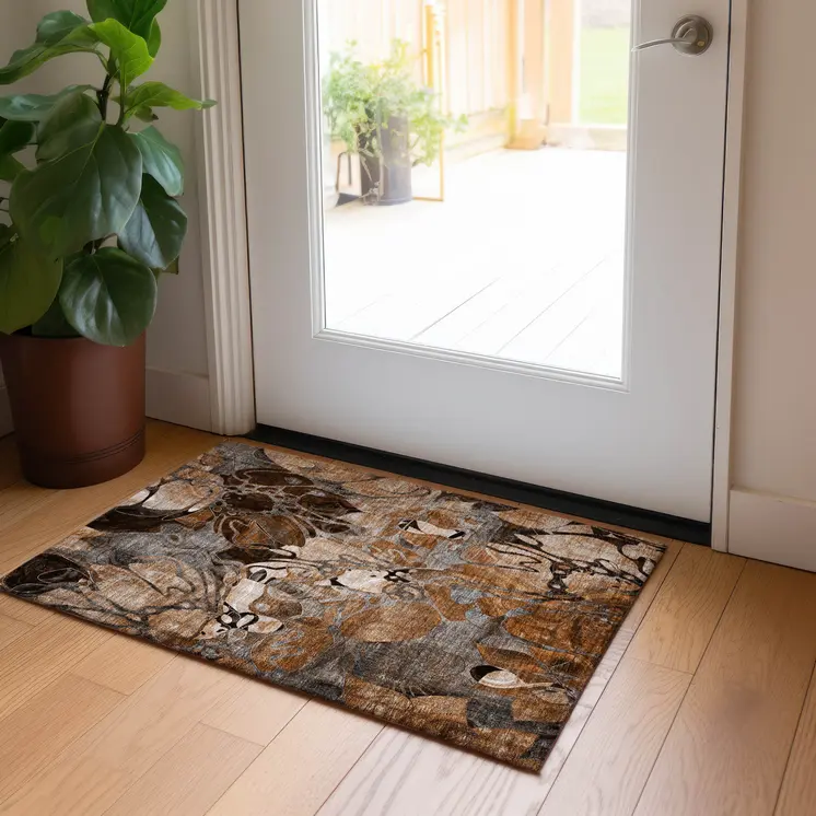 2' X 3' Chocolate Terracotta and Ivory Abstract Washable Indoor Outdoor Area Rug