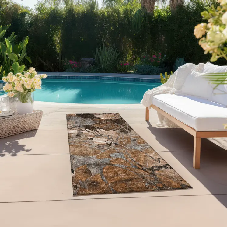 2' X 8' Chocolate Terracotta and Ivory Abstract Washable Indoor Outdoor Runner Rug