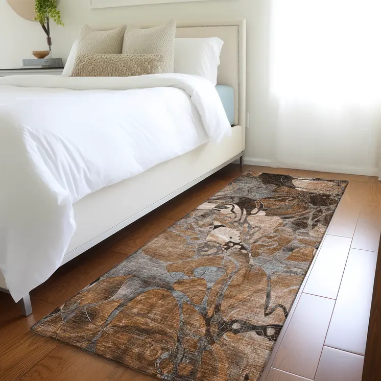 2' X 8' Chocolate Terracotta and Ivory Abstract Washable Indoor Outdoor Runner Rug