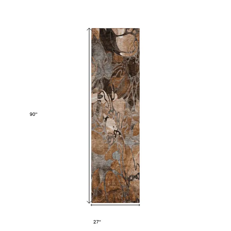 2' X 8' Chocolate Terracotta and Ivory Abstract Washable Indoor Outdoor Runner Rug