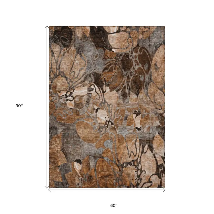 5' X 8' Chocolate Terracotta and Ivory Abstract Washable Indoor Outdoor Area Rug