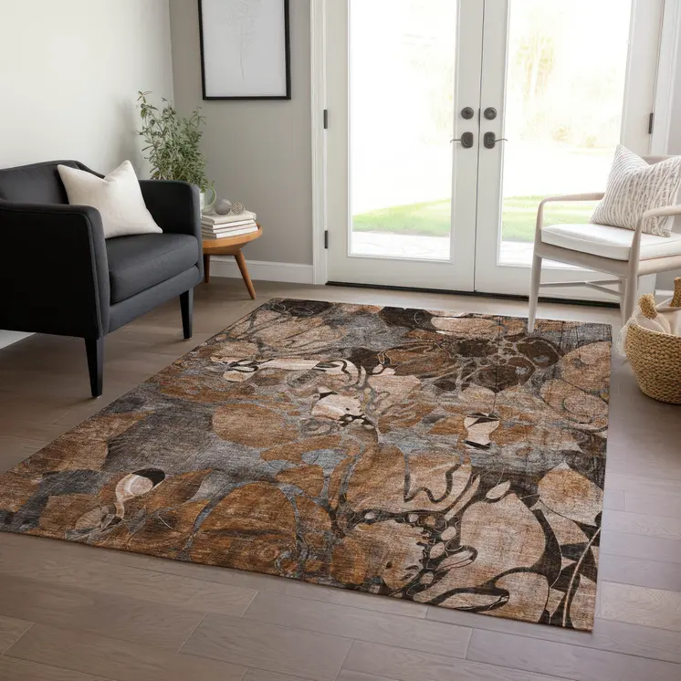 5' X 8' Chocolate Terracotta and Ivory Abstract Washable Indoor Outdoor Area Rug