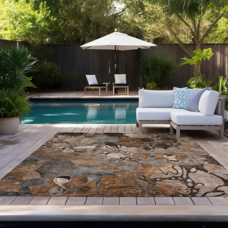 8' X 10' Chocolate Terracotta and Ivory Abstract Washable Indoor Outdoor Area Rug
