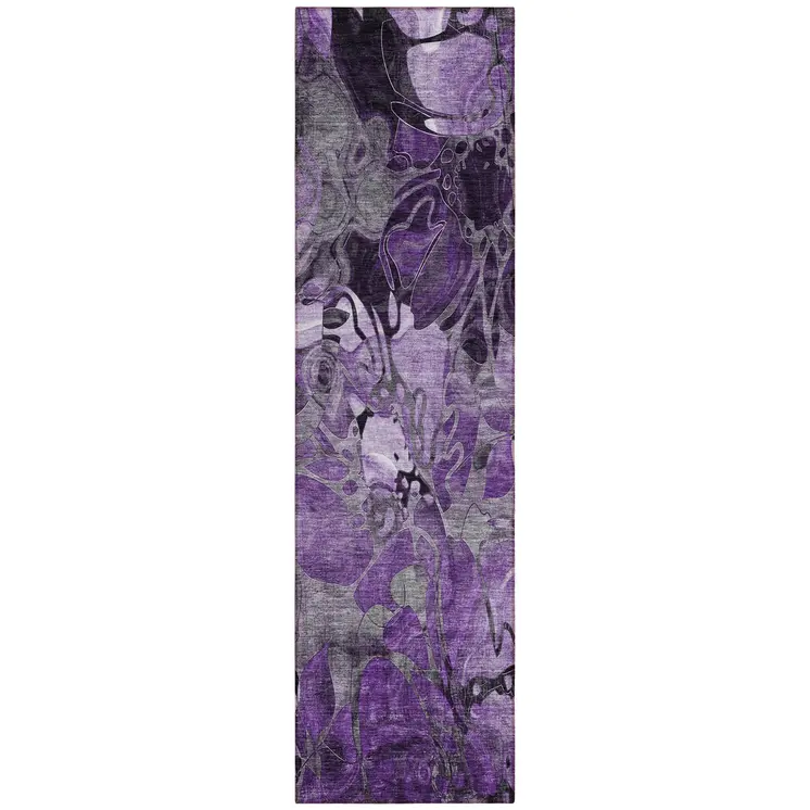 2' X 8' Purple Abstract Washable Indoor Outdoor Runner Rug
