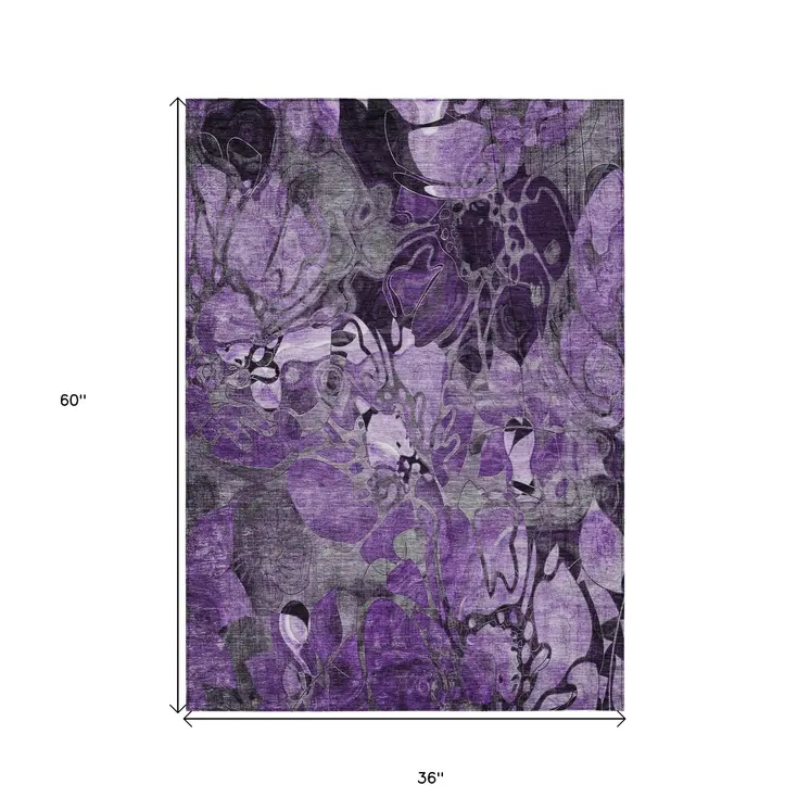 3' X 5' Purple Abstract Washable Indoor Outdoor Area Rug