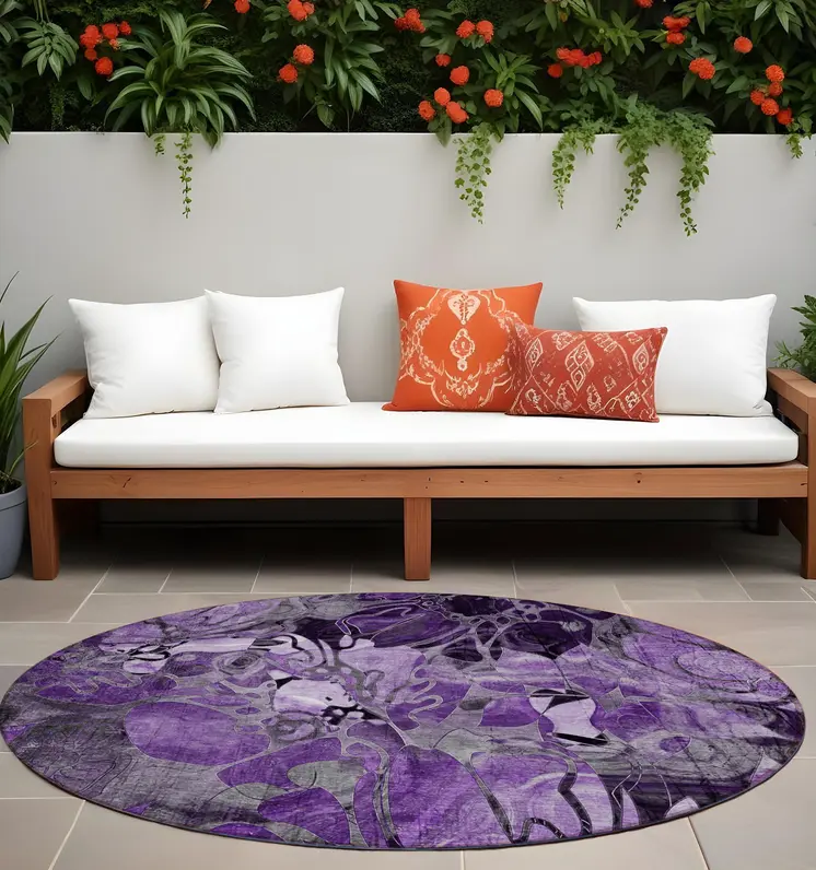 8' X 8' Purple Round Abstract Washable Indoor Outdoor Area Rug