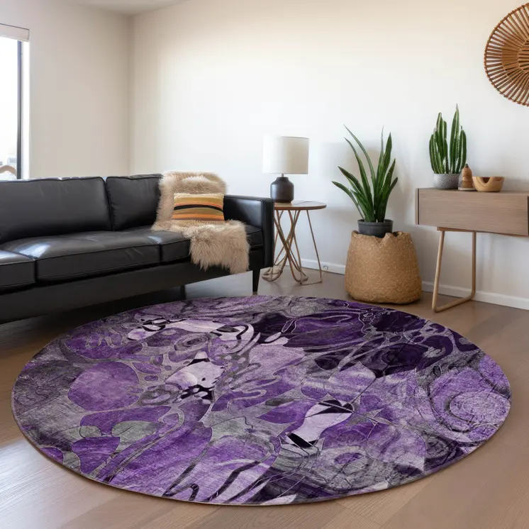 8' X 8' Purple Round Abstract Washable Indoor Outdoor Area Rug