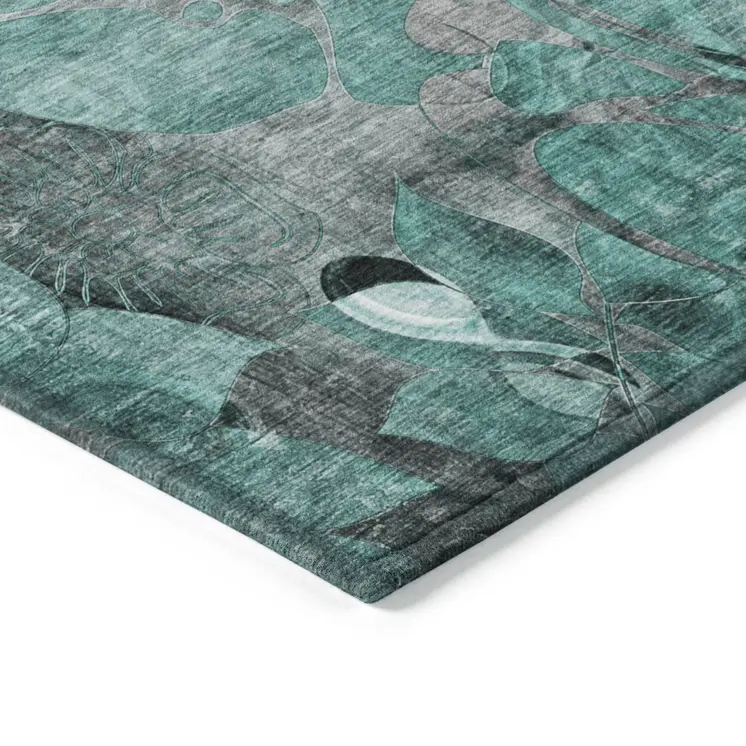 2' X 3' Teal Black and Gray Abstract Washable Indoor Outdoor Area Rug