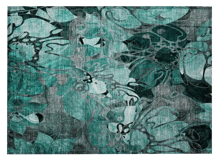 2' X 3' Teal Black and Gray Abstract Washable Indoor Outdoor Area Rug