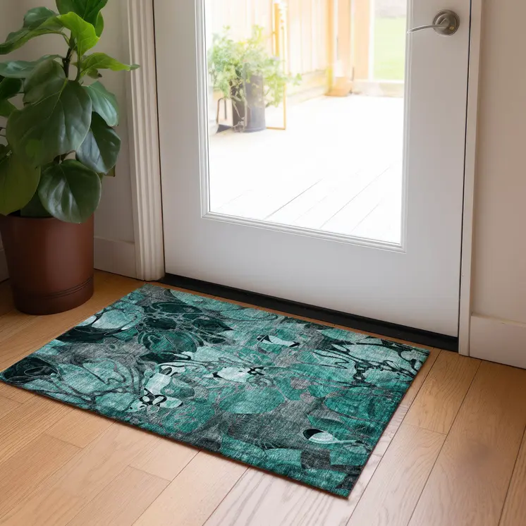 2' X 3' Teal Black and Gray Abstract Washable Indoor Outdoor Area Rug