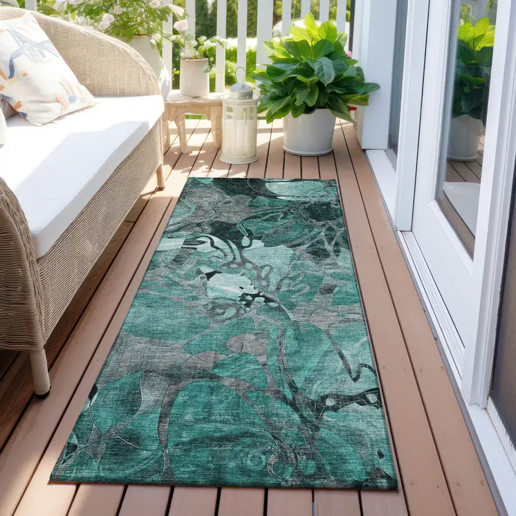 2' X 8' Teal Black and Gray Abstract Washable Indoor Outdoor Runner Rug