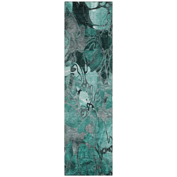 2' X 8' Teal Black and Gray Abstract Washable Indoor Outdoor Runner Rug