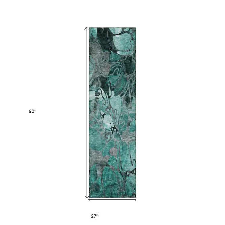 2' X 8' Teal Black and Gray Abstract Washable Indoor Outdoor Runner Rug