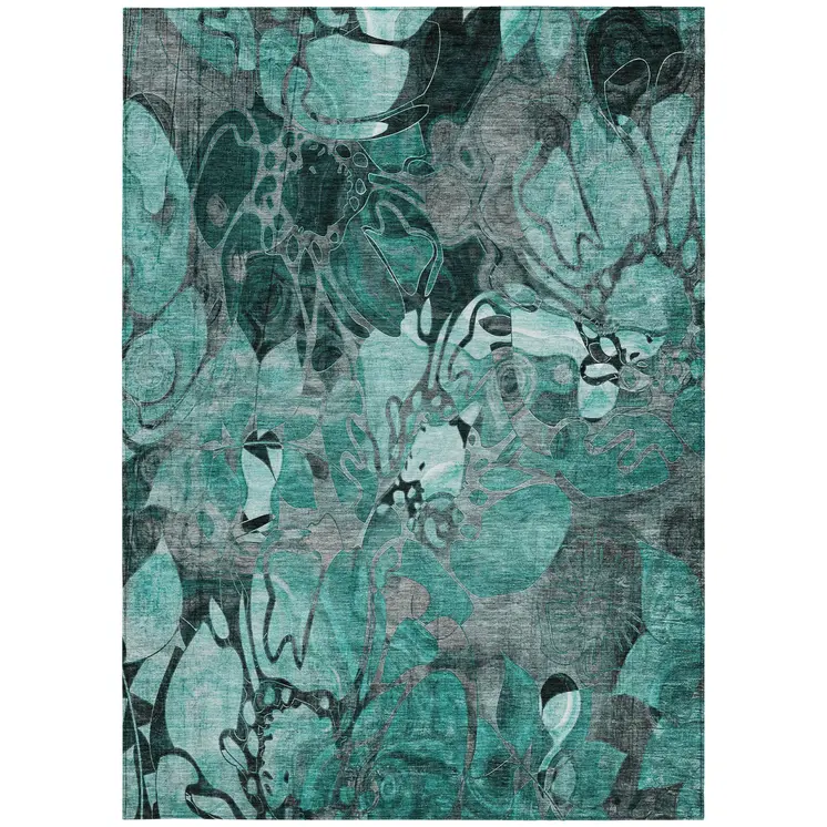 3' X 5' Teal Black and Gray Abstract Washable Indoor Outdoor Area Rug