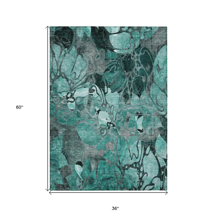3' X 5' Teal Black and Gray Abstract Washable Indoor Outdoor Area Rug