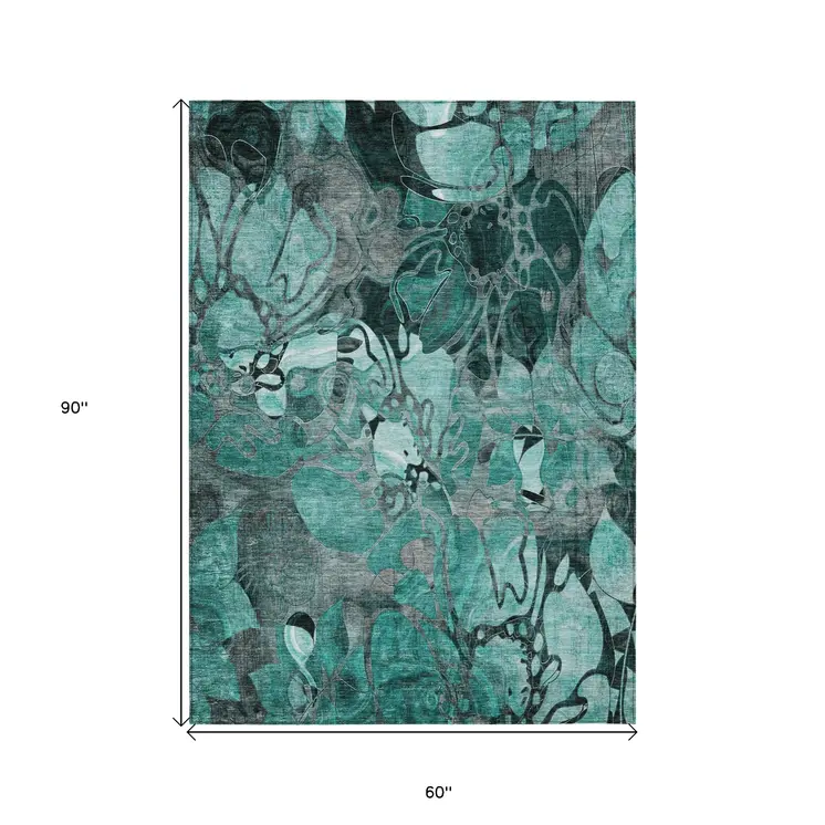 5' X 8' Teal Black and Gray Abstract Washable Indoor Outdoor Area Rug