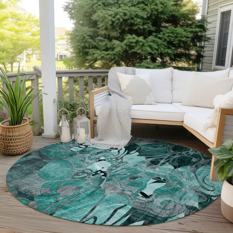 8' X 8' Teal Black and Gray Round Abstract Washable Indoor Outdoor Area Rug