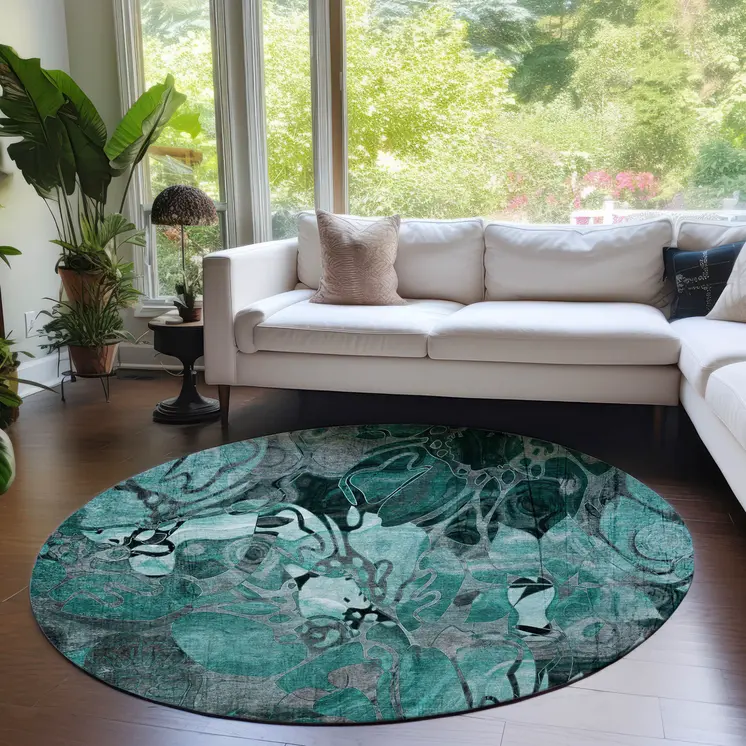 8' X 8' Teal Black and Gray Round Abstract Washable Indoor Outdoor Area Rug
