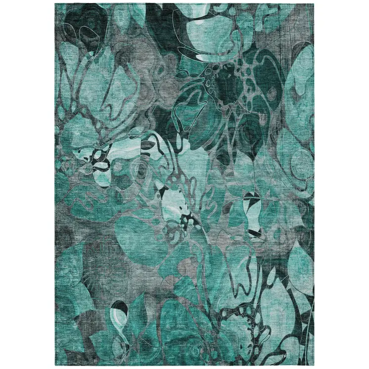 9' X 12' Teal Blue Black And Gray Abstract Washable Indoor Outdoor Area Rug