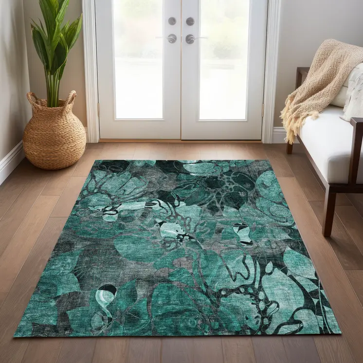 9' X 12' Teal Blue Black And Gray Abstract Washable Indoor Outdoor Area Rug