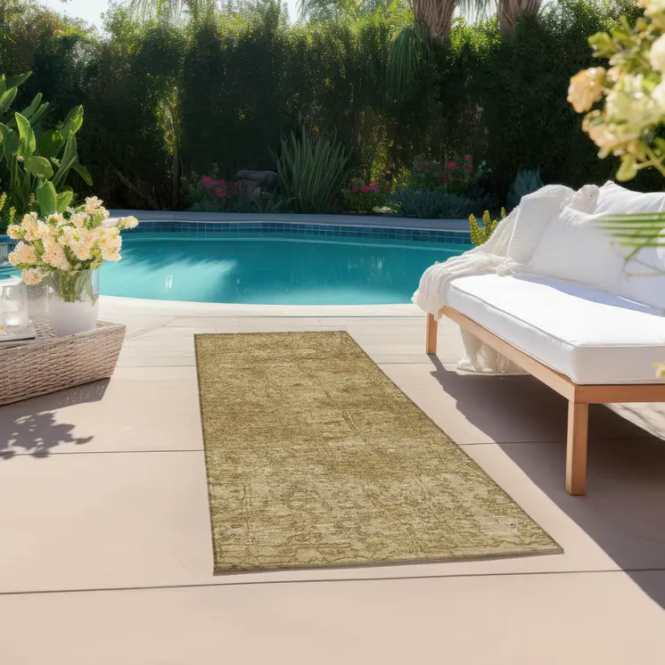 8' Runner Tan Abstract Washable Non Skid Indoor Outdoor Runner Rug