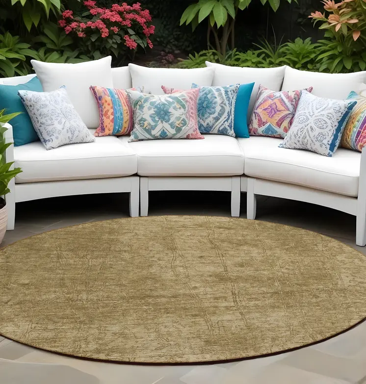 8' Round Tan Round Abstract Washable Non Skid Indoor Outdoor Area Rug