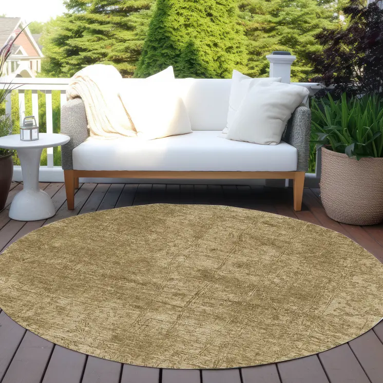 8' Round Tan Round Abstract Washable Non Skid Indoor Outdoor Area Rug