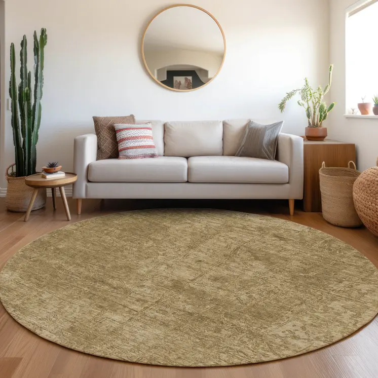 8' Round Tan Round Abstract Washable Non Skid Indoor Outdoor Area Rug