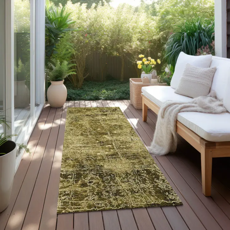 8' Runner Green Abstract Washable Non Skid Indoor Outdoor Runner Rug