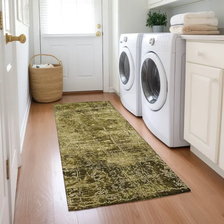 8' Runner Green Abstract Washable Non Skid Indoor Outdoor Runner Rug