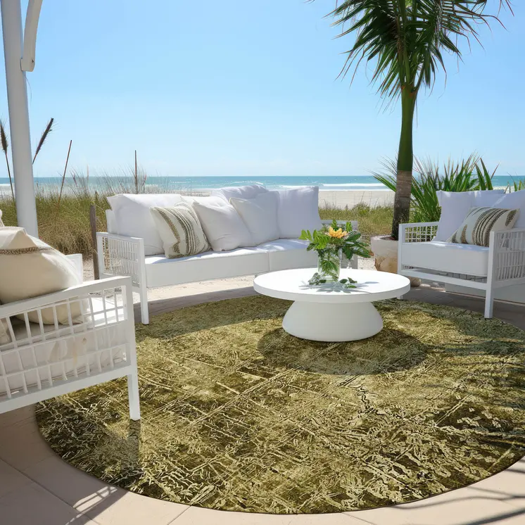 8' Green Round Abstract Washable Indoor Outdoor Area Rug