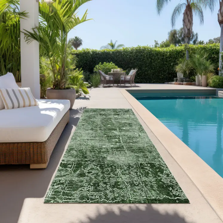 8' Runner Emerald Abstract Washable Non Skid Indoor Outdoor Runner Rug